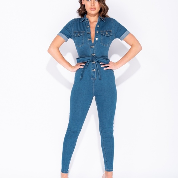 short sleeve jean jumpsuit